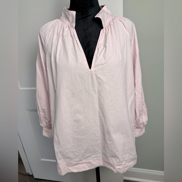 ANN MASHBURN Pink white stipe popover Blouse with Mandarin Collar - Picture 1 of 9